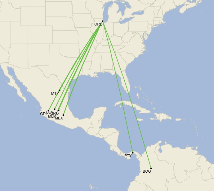 Red de aerolíneas Latinoamericanas en Chicago - Mayo 2025 (Cirium Schedule Mapper)