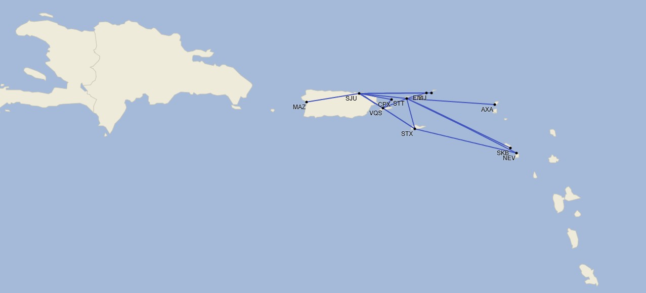 Red de Cape Air en el Caribe - Mayo 2025 (Cirium Schedule Mapper)