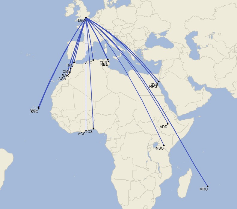 Red de destinos africanos de Londres-Gatwick - Mayo 2025 (Cirium Schedule Mapper)