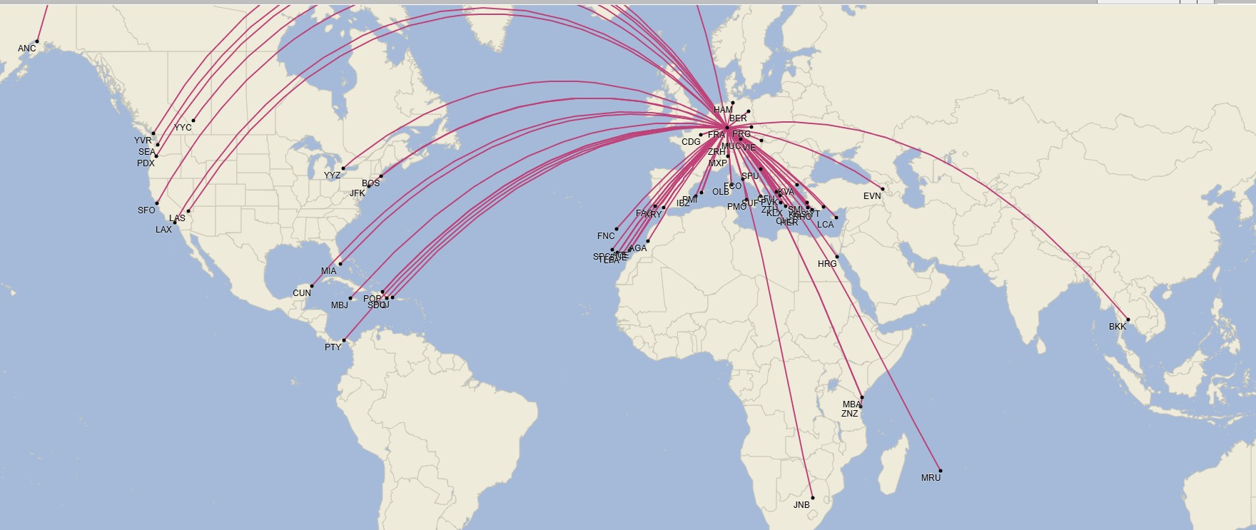 Red de destinos de Condor desde Frankfurt