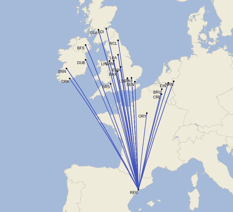 Red de destinos desde Reus (REU) - Julio 2025 (Cirium Schedule Mapper)