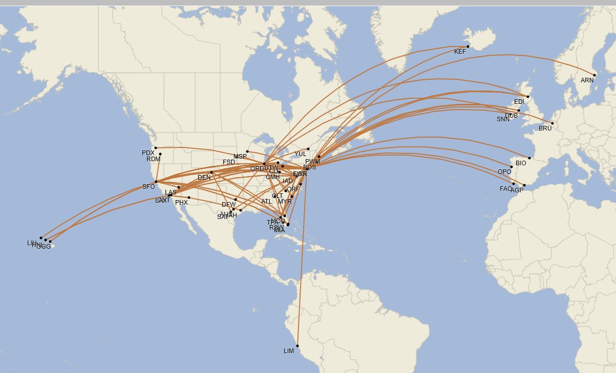 Red de United Airlines con flota 757 - Julio 2025 - Cirium Schedule Mapper