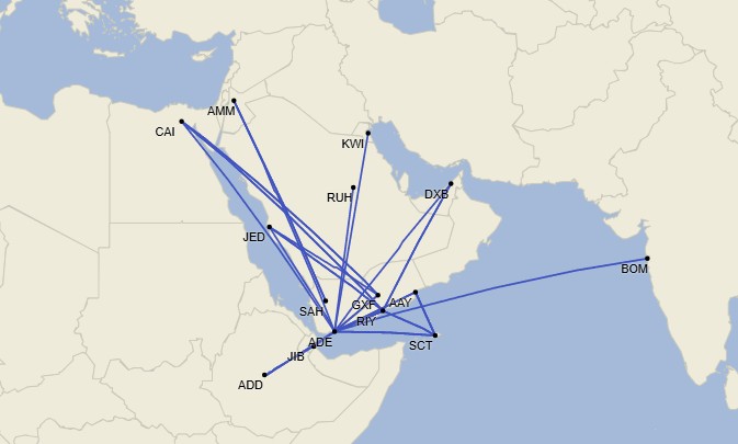 Red de Yemenia Airways - Mayo 2025 (Cirium Schedule Mapper)