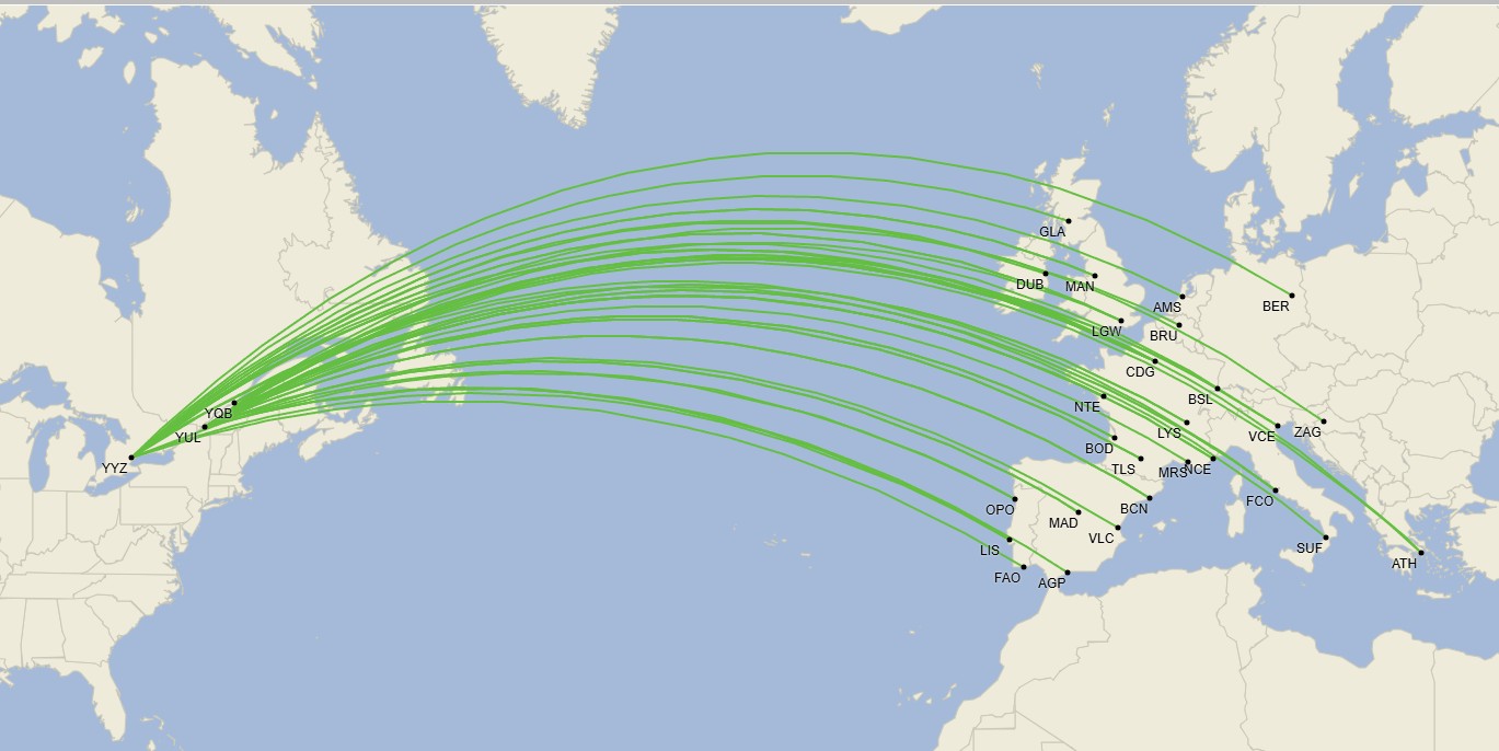 Red europea de Air Transat - Julio 2025 (Cirium Schedule Mapper)