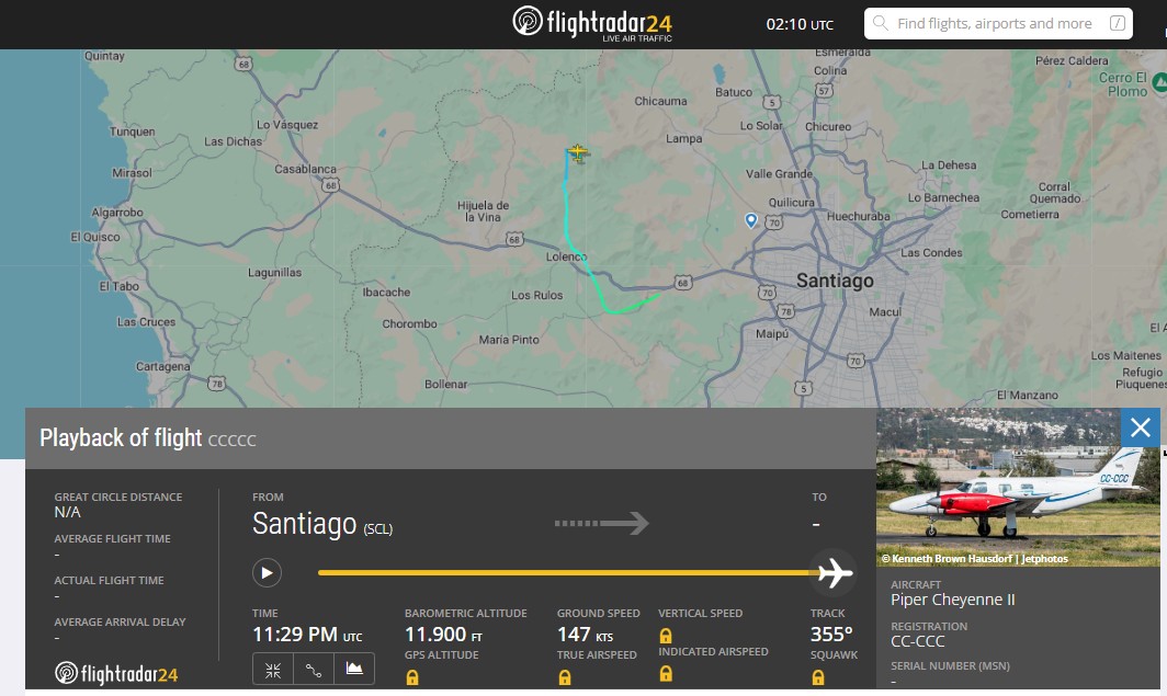 Registro del último vuelo de Piper Cheyenne II CC-CCC (FlightRadar24.com)