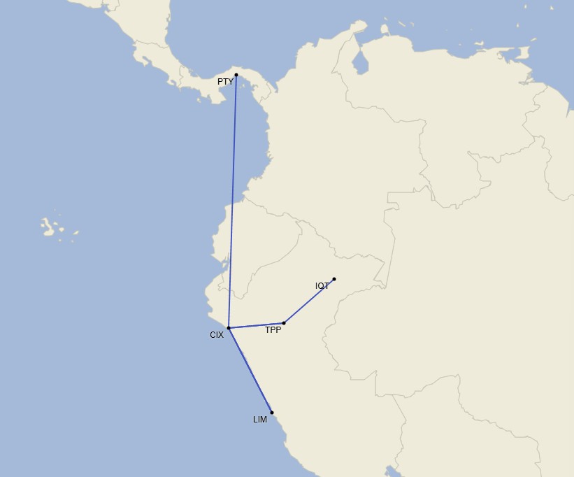 Rutas del aeropuerto de Chiclayo - Mayo 2025 (Cirium Schedule Mapper)