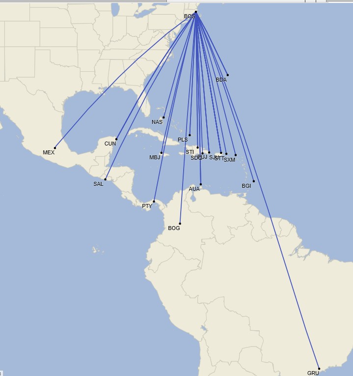 Rutas entre Boston y Latinoamérica y el Caribe - Mayo 2025 (Cirium Schedule Mapper)