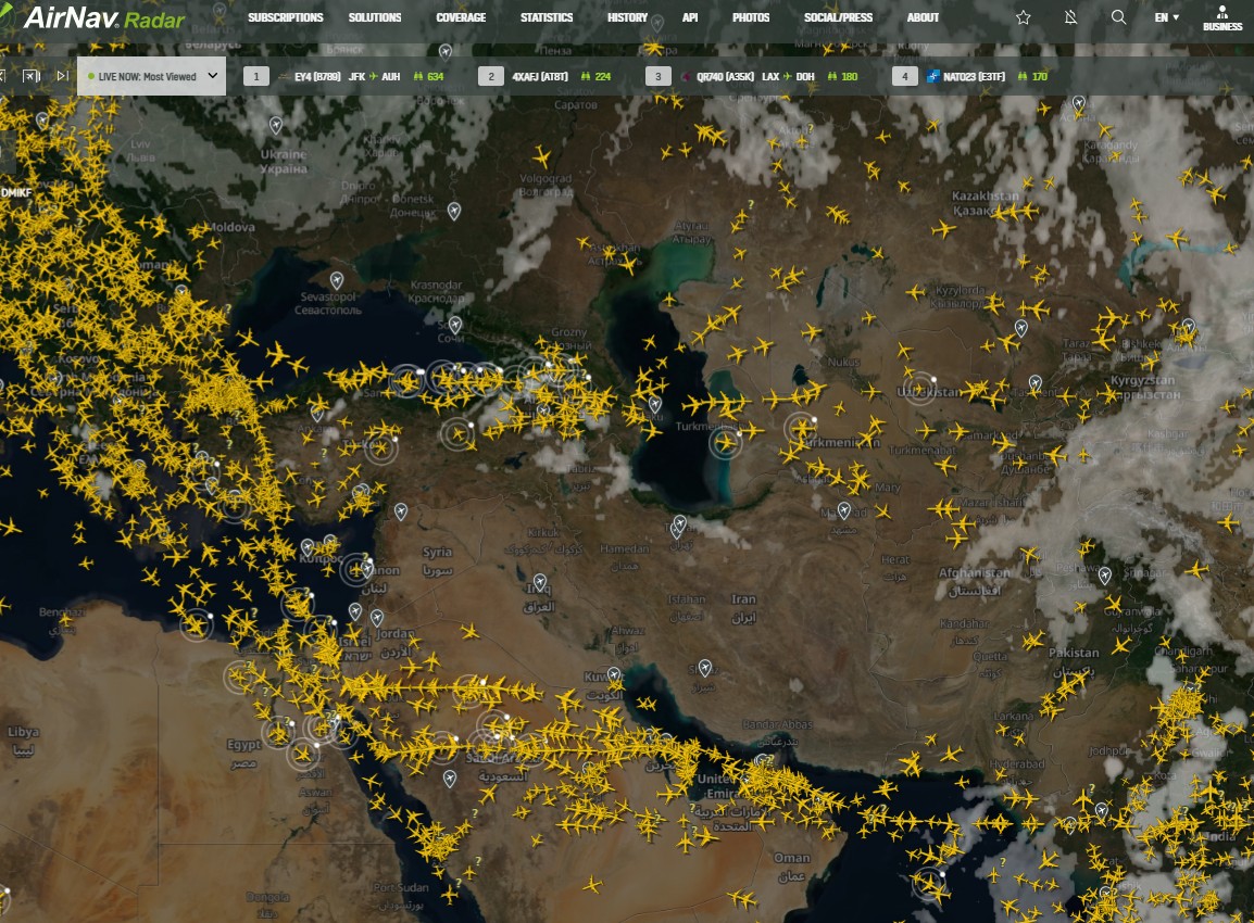 El espacio aéreo sobre Medio Oriente - 13JUN2025 - 12:40 GMT