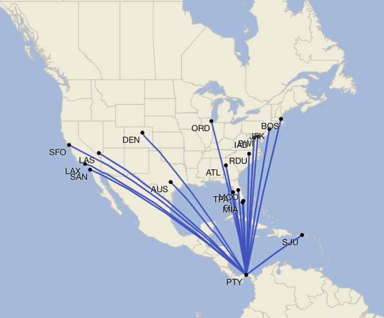 Red de Copa Airlines en Estados Unidos - Junio 2025 (Cirium Schedule Mapper)