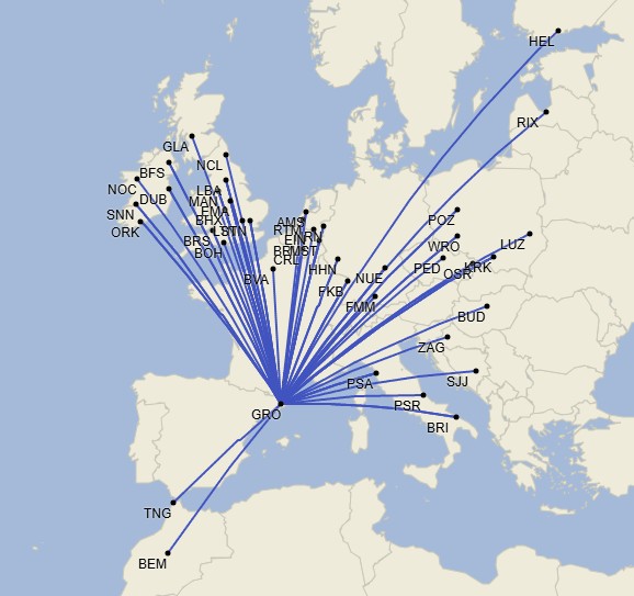 Red de destinos del Aeropuerto de Girona-Costa Brava, julio 2025 (Cirium Schedule Mapper)