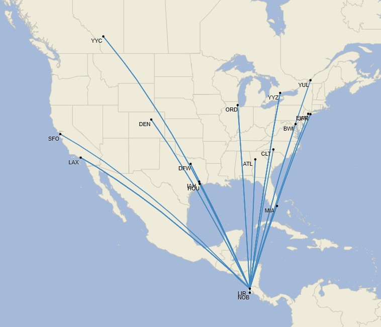 Red de Guanacaste Aeropuerto - Julio 2025 (Cirium Schedule Mapper)