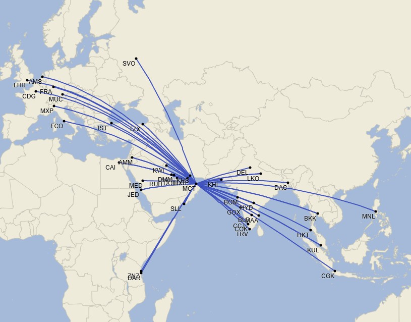 Red de Oman Air - Julio 2025 (Cirium Schedule Mapper)
