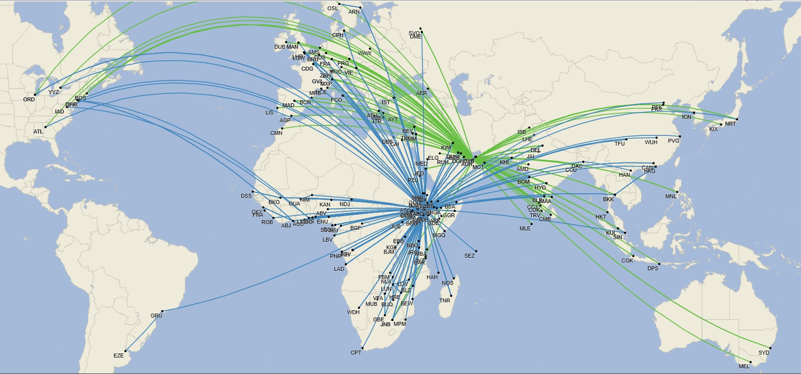 Redes de Ethiopian (azul) y Etihad (verde), que muestran las posibilidades de sinergia