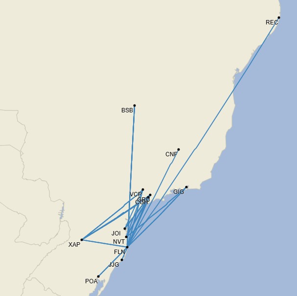 Rutas domésticas de aeropuertos de Santa Catarina, julio 2025 - Cirium Schedule Mapper