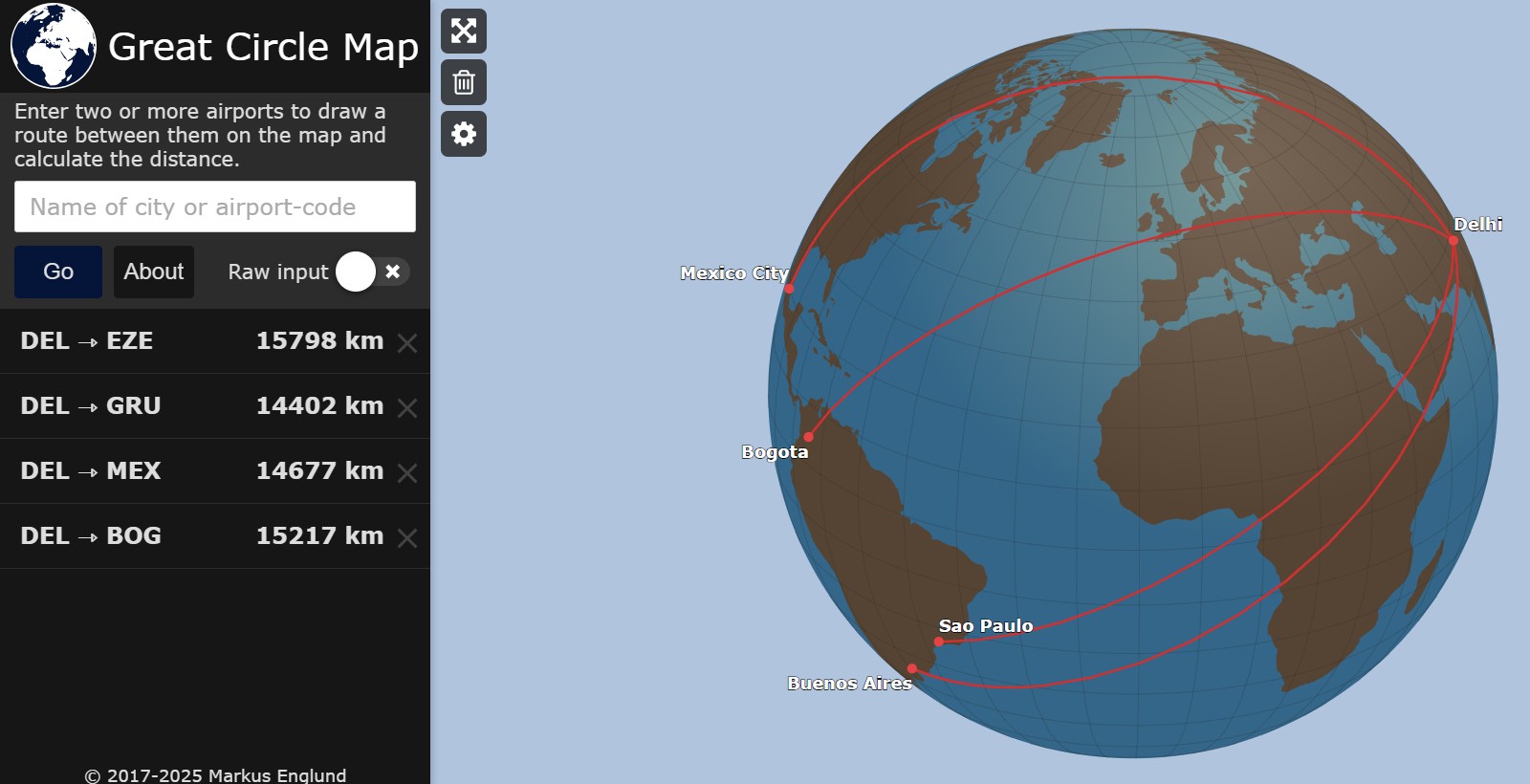 Rutas entre Delhi y las principales ciudades latinoamericanas (Mapa realizado con Great Circle Map)