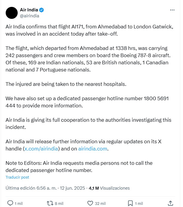 Tuit de Air India informando sobre el accidente del vuelo AI171
