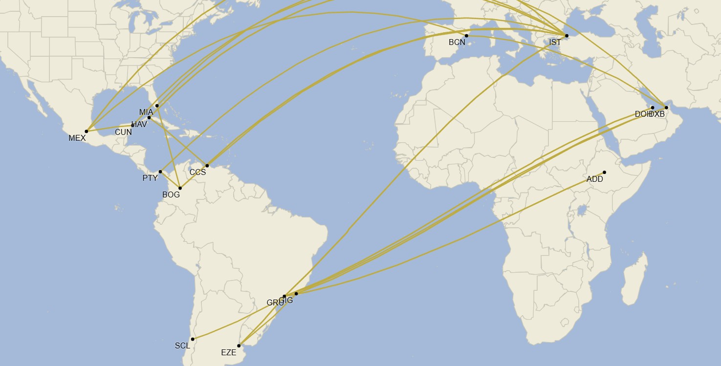 Vuelos que unen a Dubai, Doha, Estambul y Addis Abeba con Latinoamérica y el Caribe (Cirium Schedule Mapper)