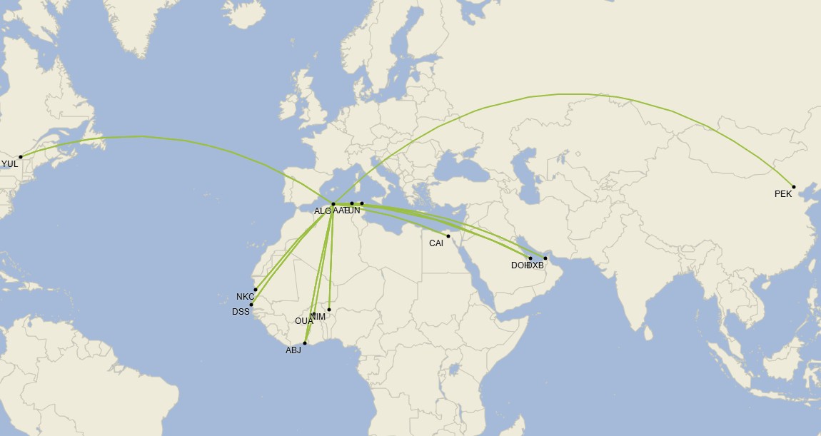 Red de Air Algérie en África, Medio Oriente, Norteamérica y Asia - Julio 2025 (Cirium Schedule Mapper)