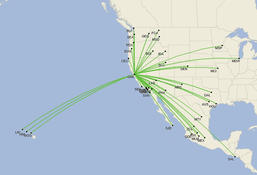 Red de destinos - Oakland Airport - Julio 2025 (Cirium Schedule Mapper)