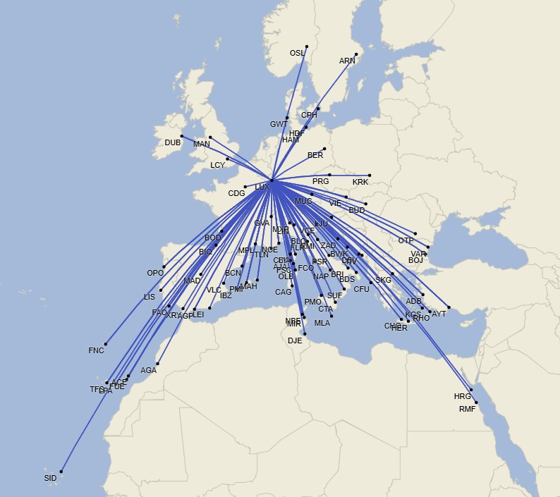 Red de Luxair - Julio 2025 (Cirium Schedule Mapper)