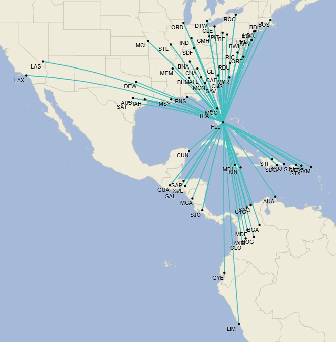 Red de Spirit Airlines en Fort Lauderdale - Diciembre 2025 (Cirium Schedule Mapper)