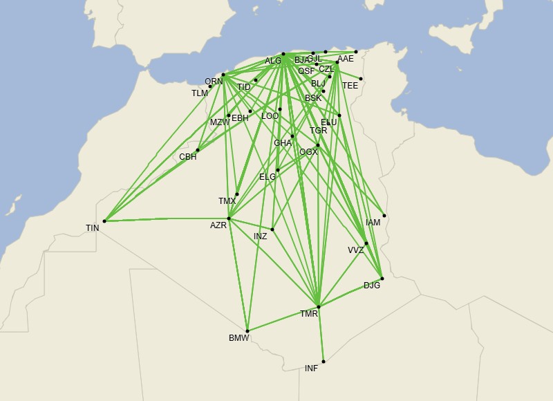 Red doméstica de Air Algérie - Julio 2025 (Cirium Schedule Mapper)