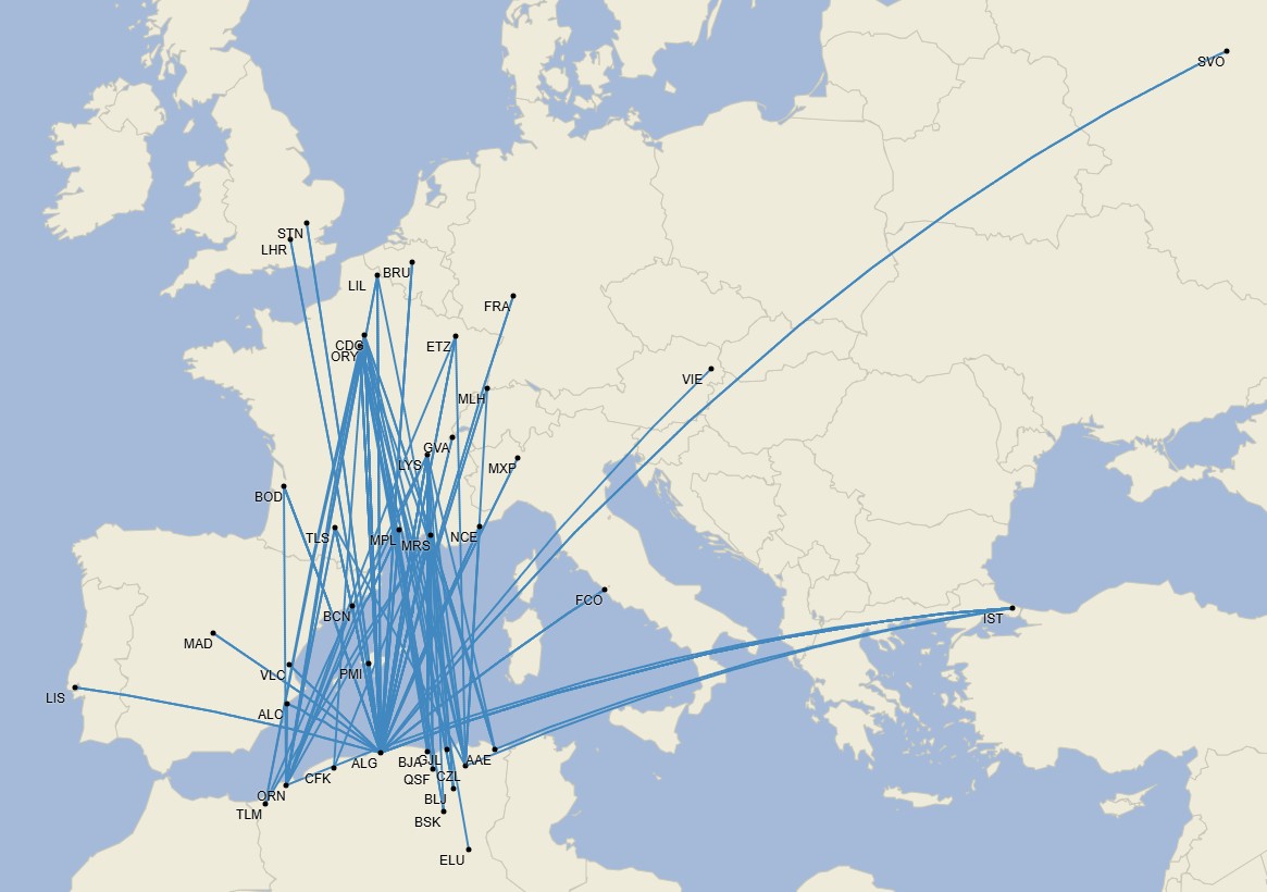 Red europea de Air Algérie - Julio 2025 (Cirium Schedule Mapper)