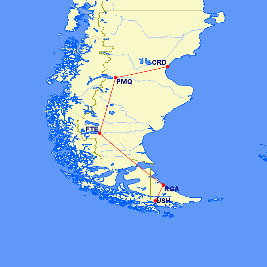 Ruta de LADE Comodoro Rivadavia - Perito Moreno - El Calafate - Río Grande - Ushuaia