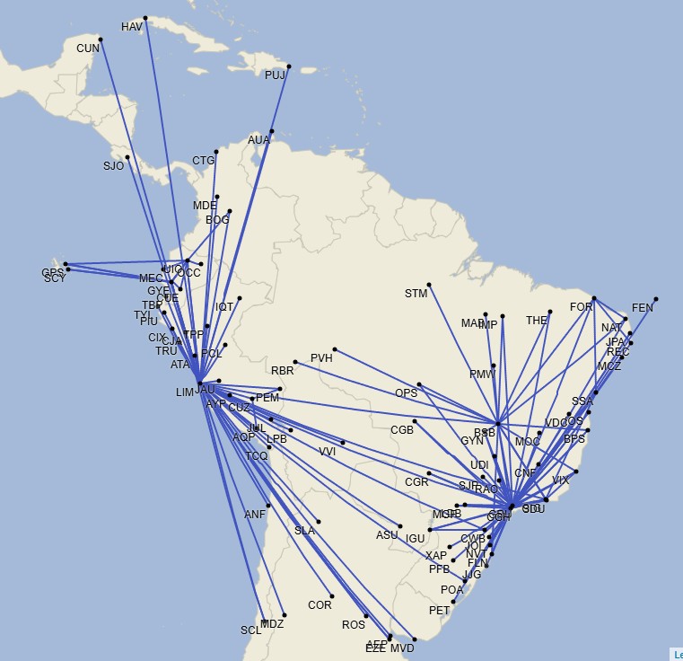 Rutas de LATAM con aviones Airbus A319 - Julio 2025 (Cirium Schedule Mapper)
