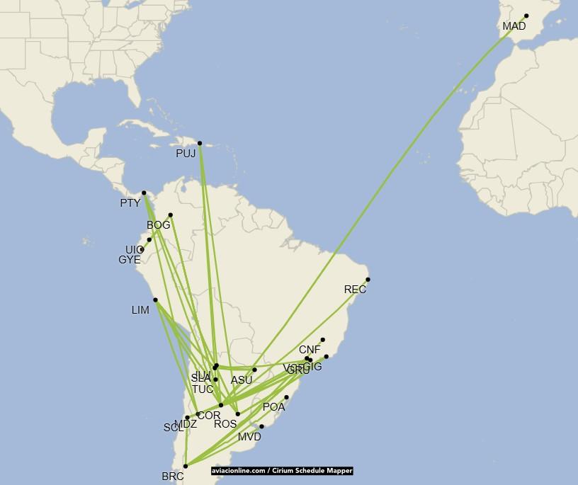 Vuelos internacionales desde el interior argentino - Julio 2025 (Cirium Schedule Mapper)