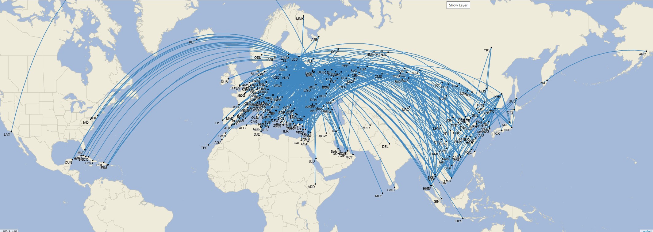 Conectividad internacional de Rusia (excluyendo países de la Comunidad de Estados Independientes-CEI), agosto 2019 (Cirium Schedule Mapper)