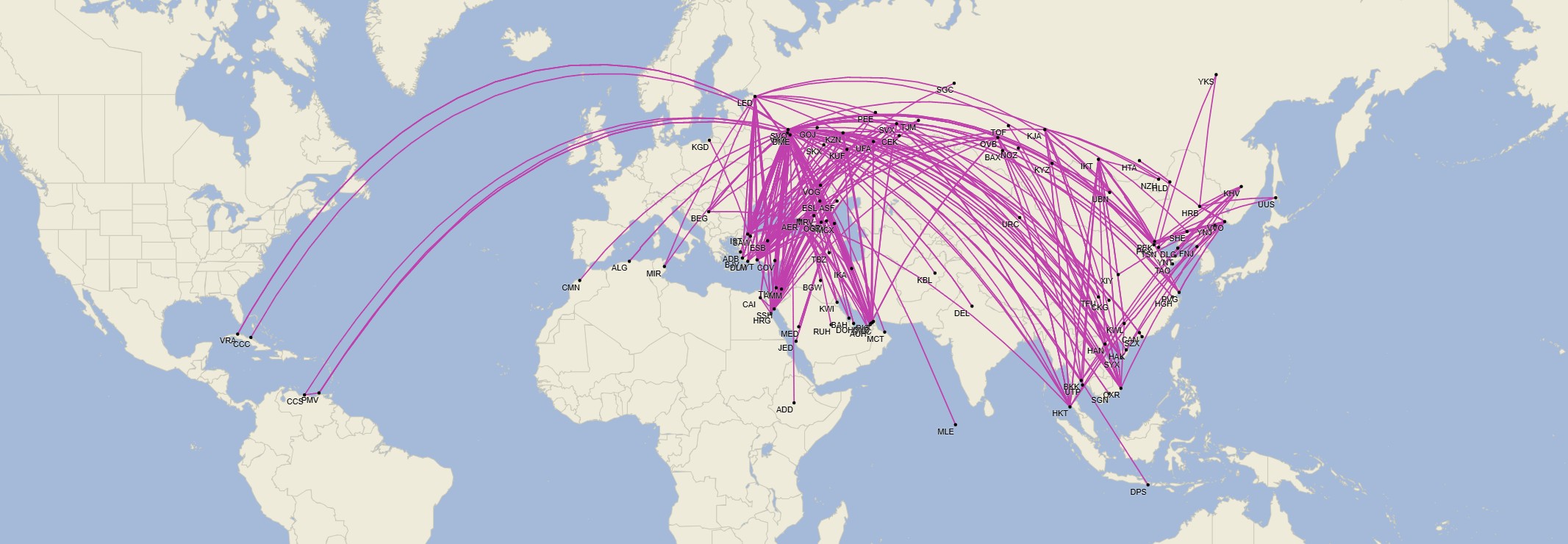 Conectividad internacional de Rusia (excluyendo países de la Comunidad de Estados Independientes-CEI), agosto 2025 (Cirium Schedule Mapper)