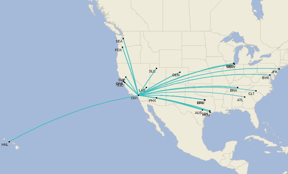 Destinos desde el Aeropuerto Internacional de Ontario - Agosto 2025 (Cirium Schedule Mapper)