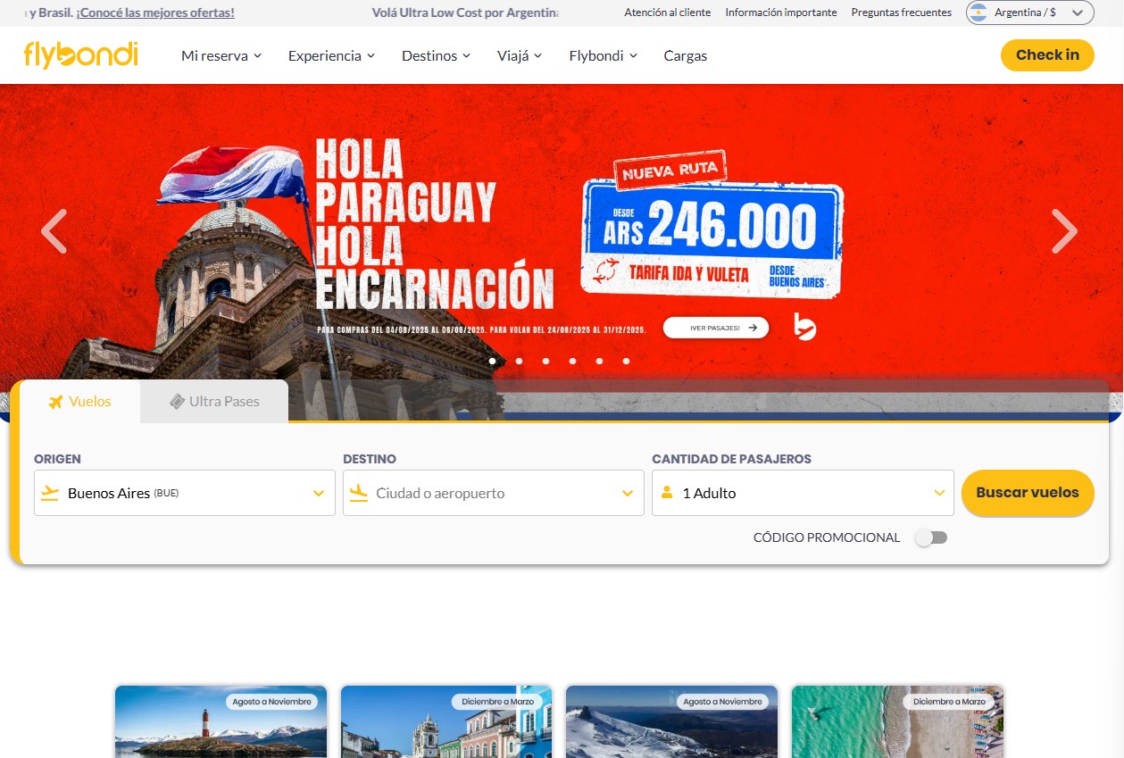 Flybondi destaca hoy en su web los vuelos a Encarnación, Paraguay