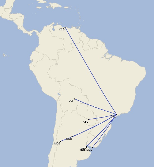 Posibilidades de conexión de Caracas y el Cono Sur mediante GOL (Cirium Schedule Mapper)