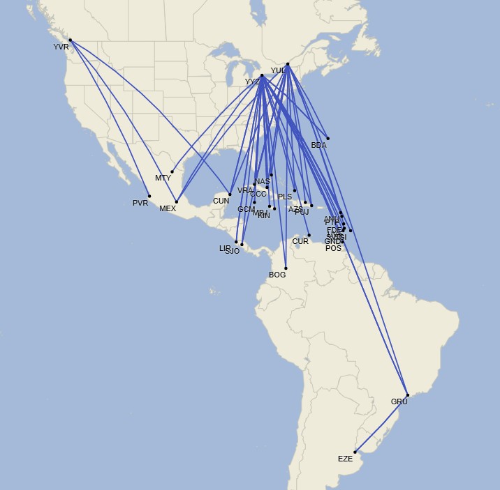 Red de Air Canada en Latinoamérica y el Caribe - Agosto 2025 (Cirium Schedule Mapper)