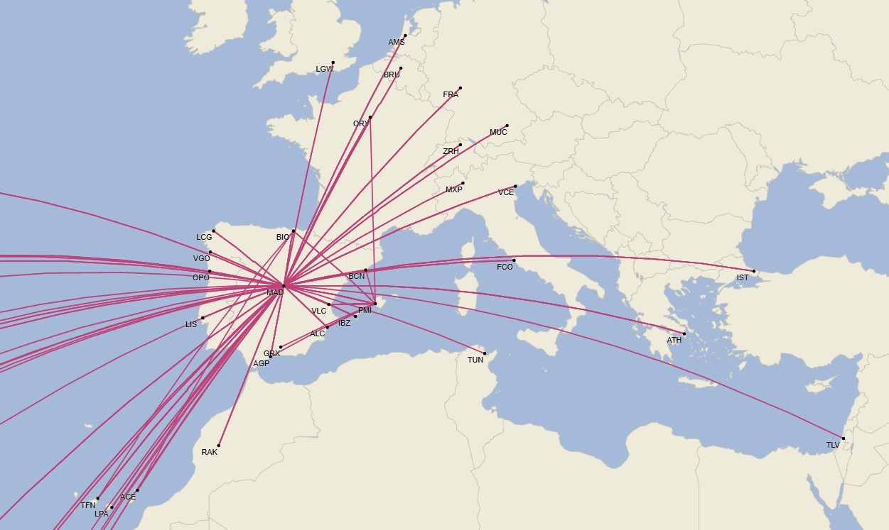 Red de corto y medio alcance de Air Europa - Agosto 2025 (Cirium Schedule Mapper)