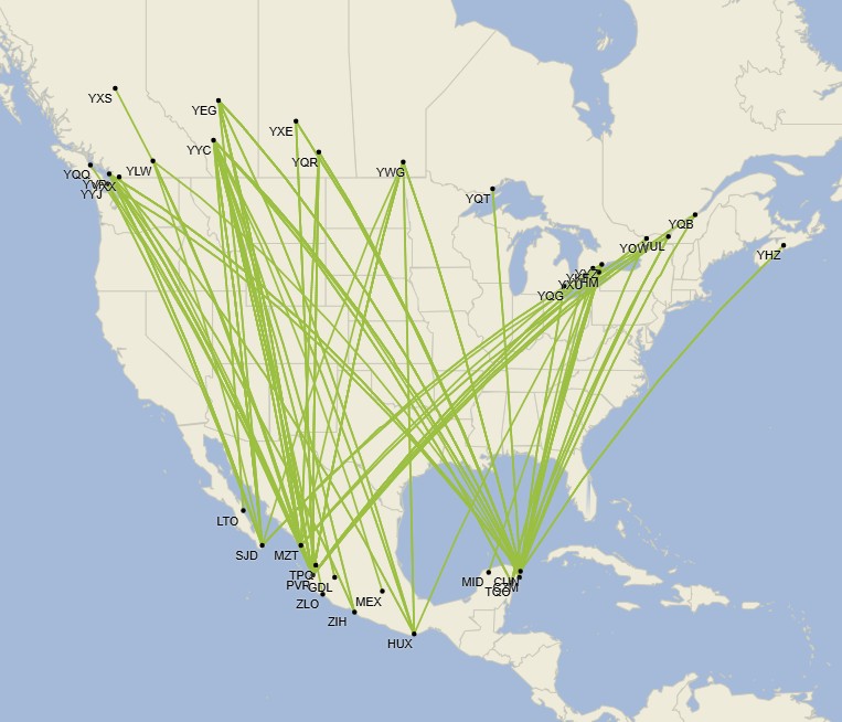 Red de WestJet entre México y Canadá para enero de 2026 (al 25 de agosto) - Cirium Schedule Mapper