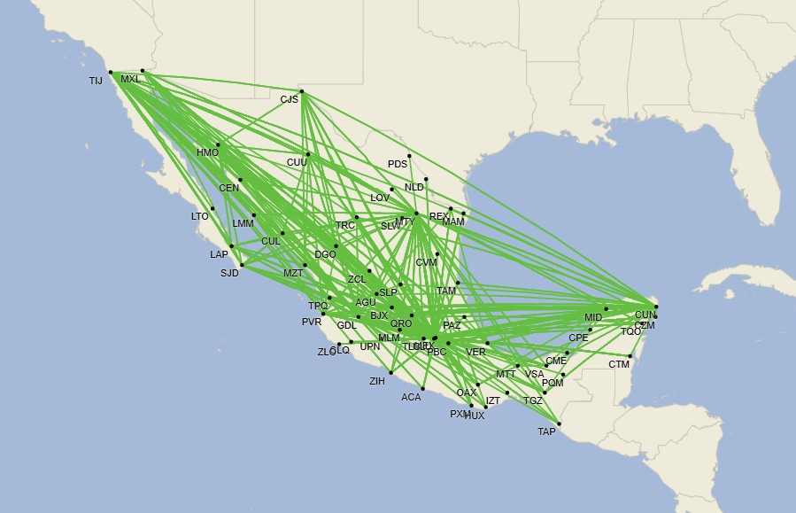 Rutas de cabotaje en México - Agosto 2025 (Fuente: Cirium Schedule Mapper)