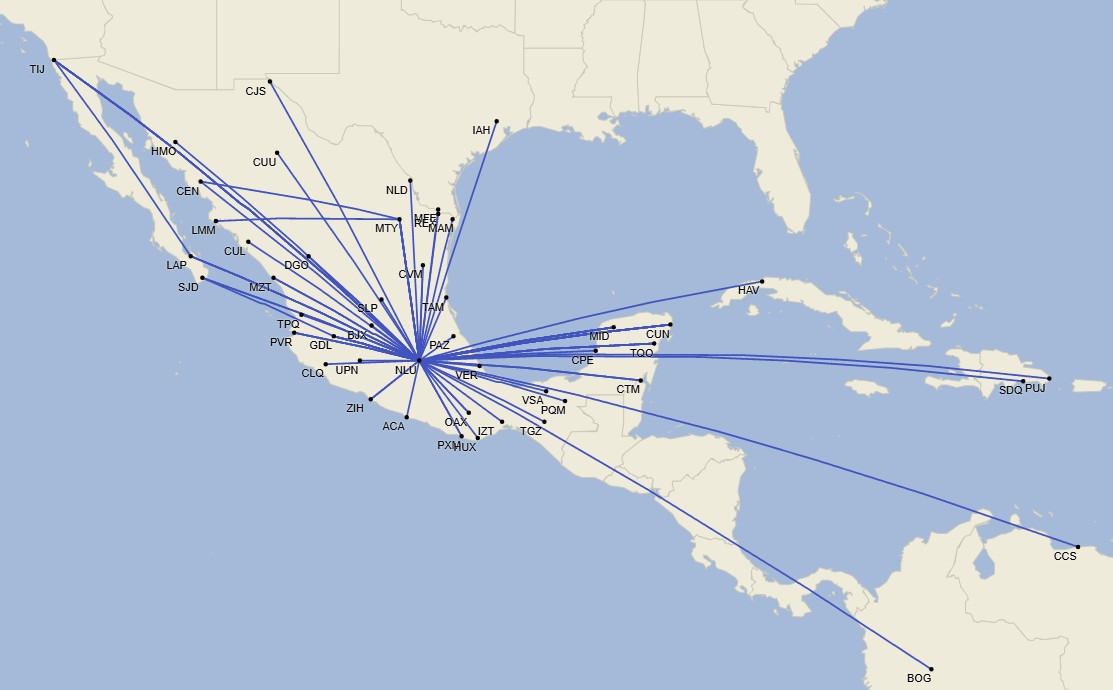 Rutas desde el AIFA - Agosto 2025 (Cirium Schedule Mapper)