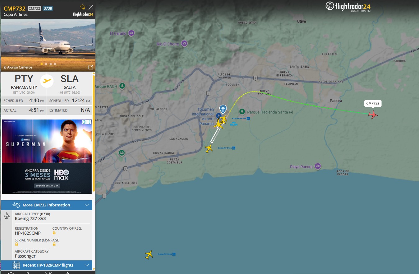 El despegue del primer vuelo de Copa Airlines a Salta captado por FlightRadar24.com