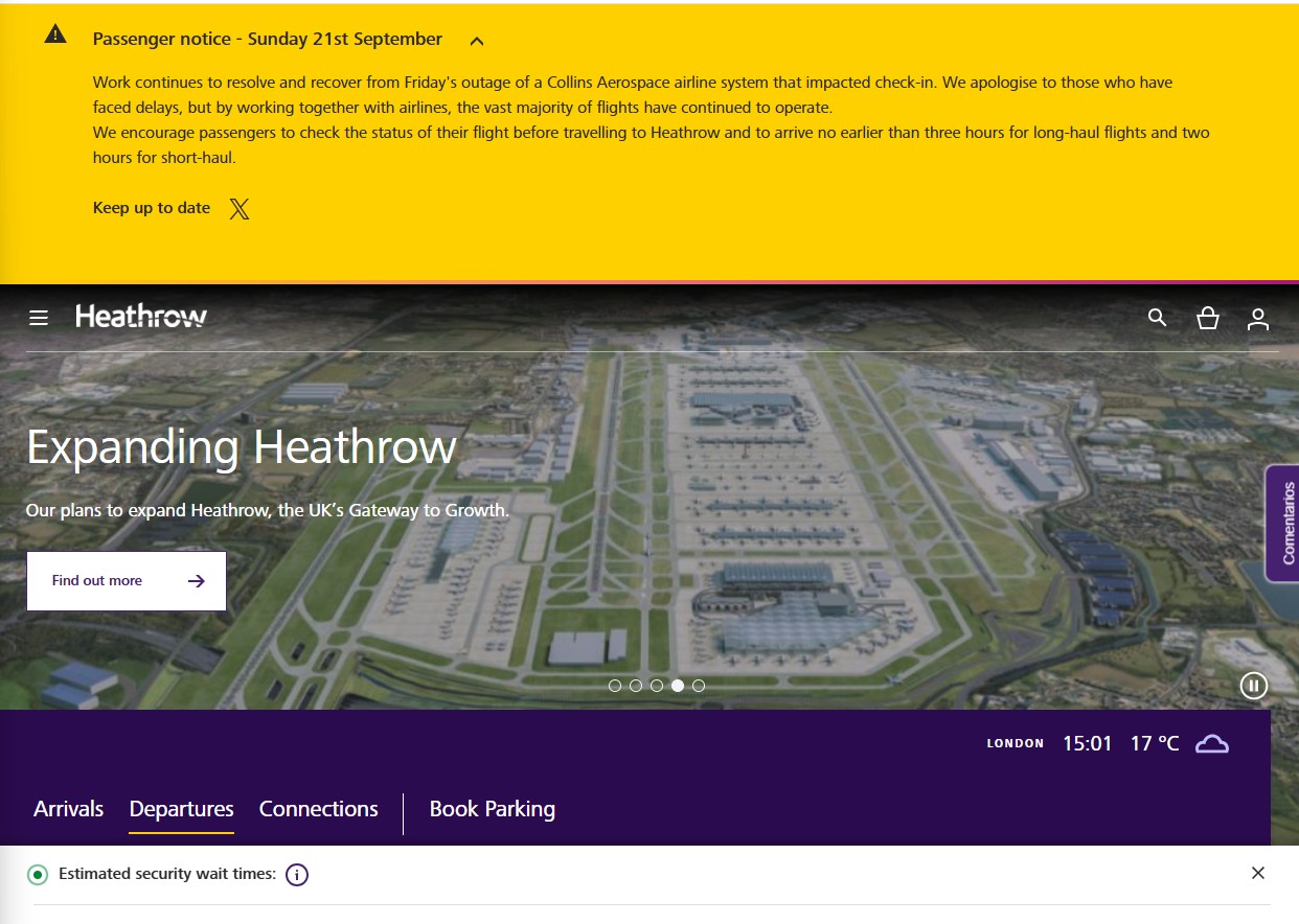 La portada del sitio web de Heathrow el 21SEP2025, advirtiendo sobre la situación