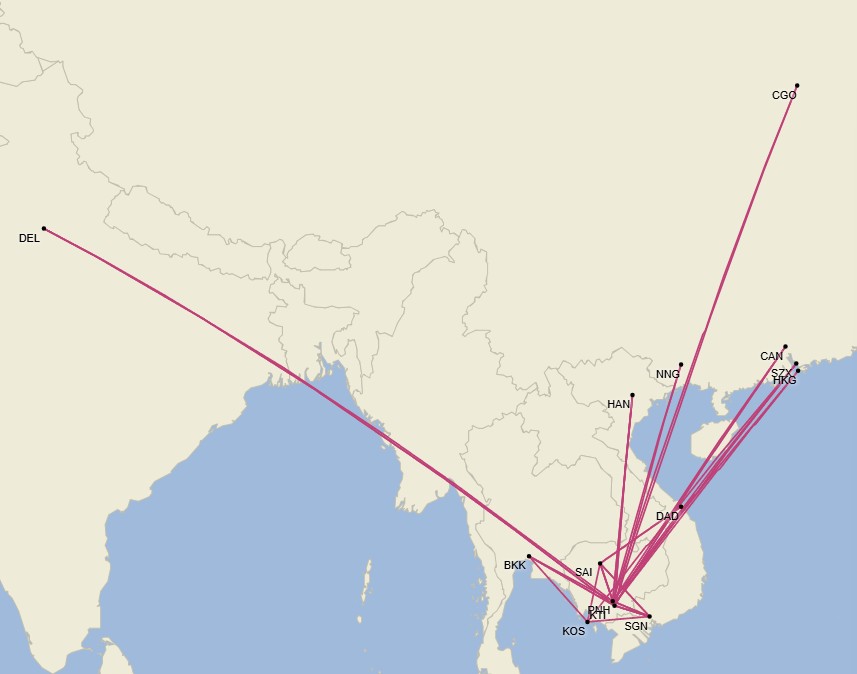 Red de Air Cambodia - Septiembre 2025 (Cirium Schedule Mapper)