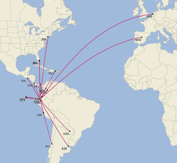 Red de destinos servidos desde Guayaquil - Septiembre 2025 (Cirium Schedule Mapper)