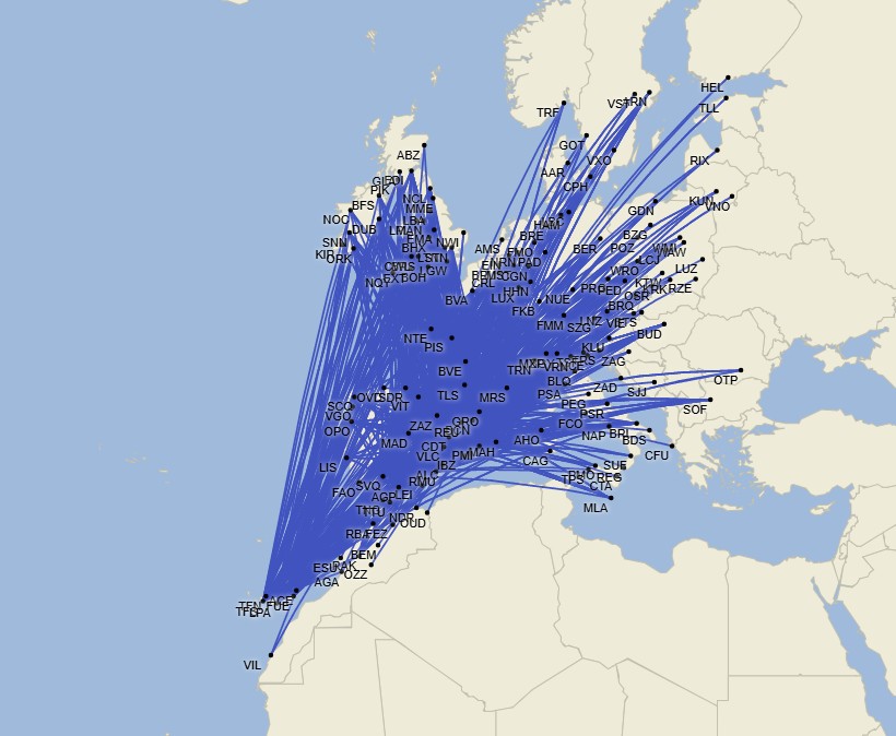 Red de Ryanair en España - Septiembre 2025 (Cirium Schedule Mapper)