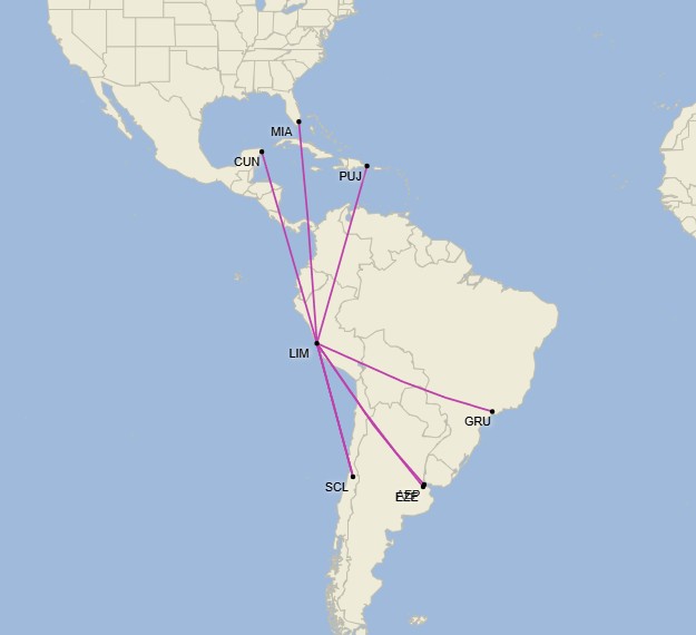 Red internacional de SKY desde Lima (Cirium Schedule Mapper)
