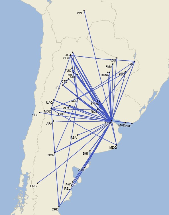 Rutas de Aerolíneas Argentinas servidas con aviones Embraer E190 - Septiembre 2025 (Cirium Schedule Mapper)