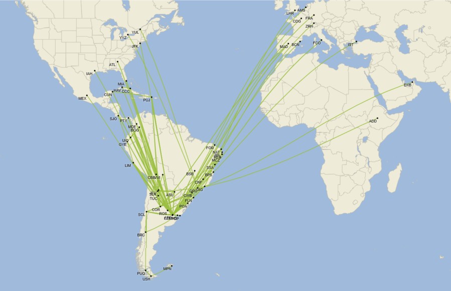 Rutas internacionales desde/hacia Argentina - Septiembre 2025 (Cirium Schedule Mapper)