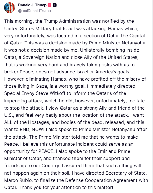 Trump se desmarca del bombardeo en Qatar
