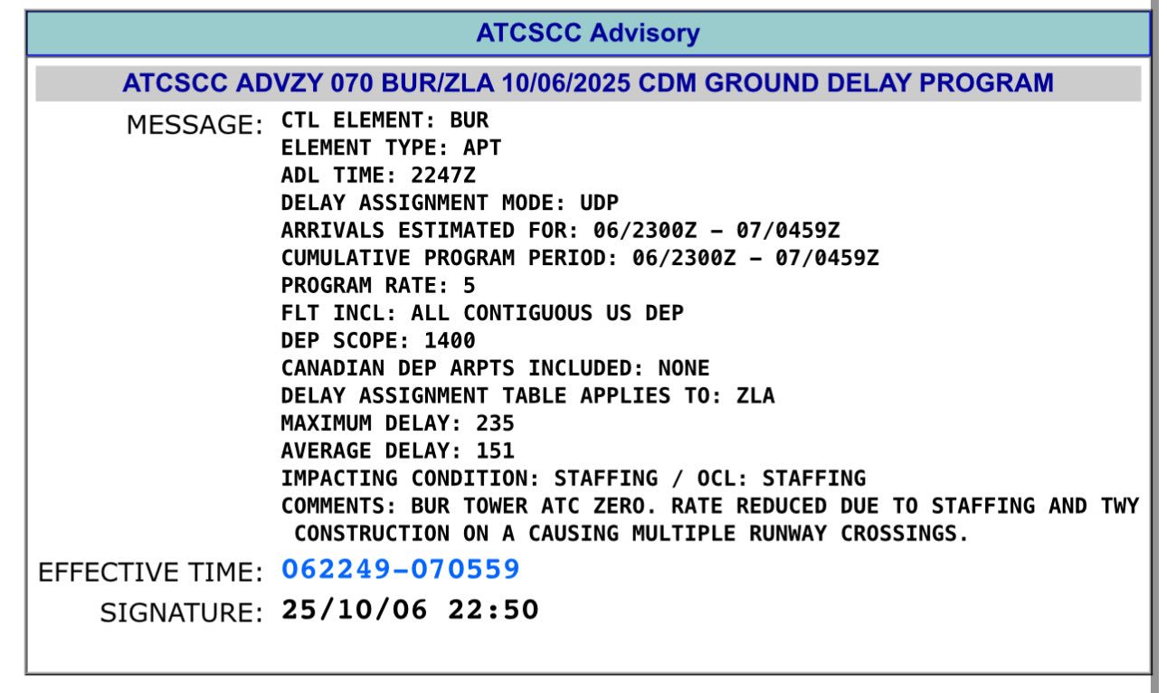 burbank atc shutdown